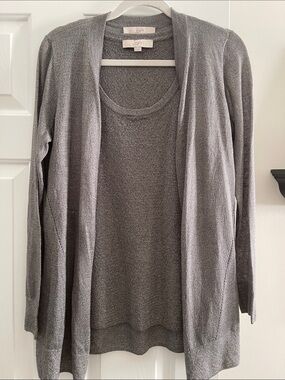 LOFT Gray Open-Front Cardigan with Scoop-Neck Sweater Set